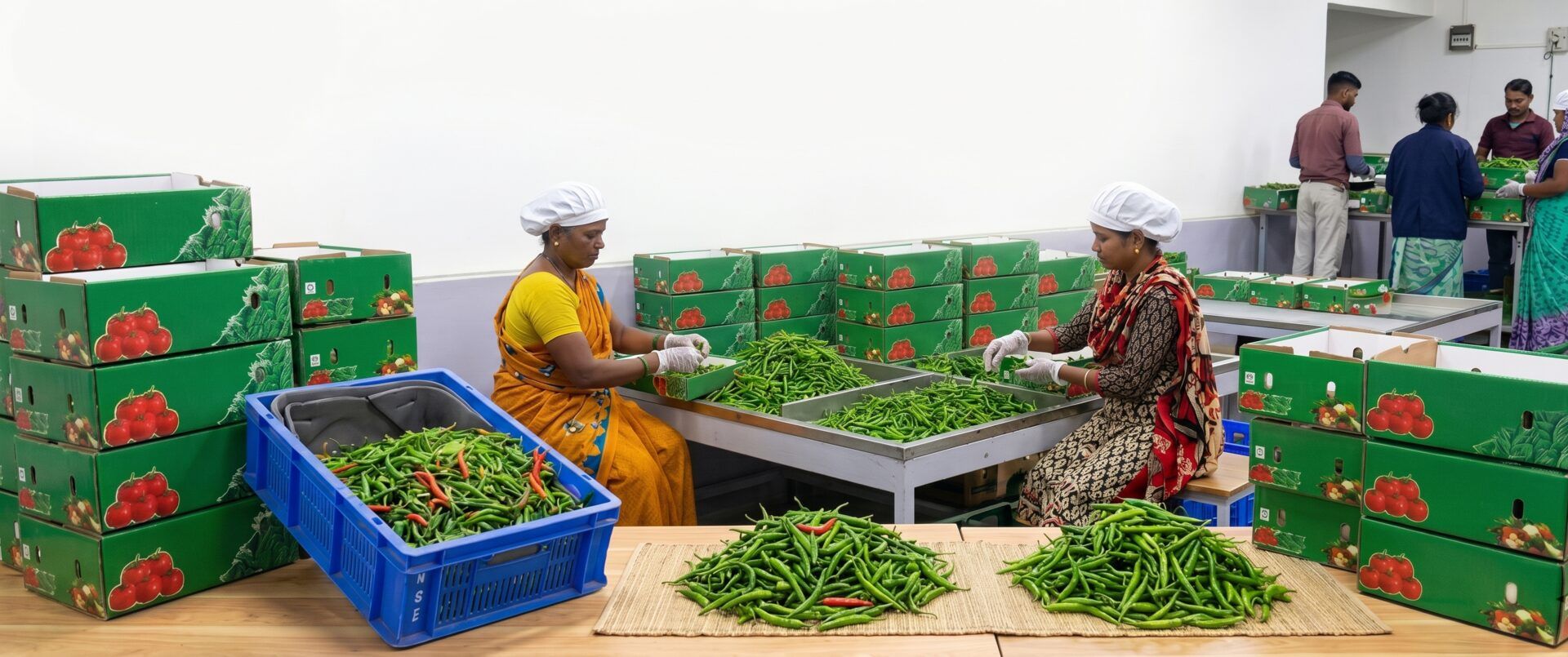 Workers sorting and packing fresh green chillies into export cartons