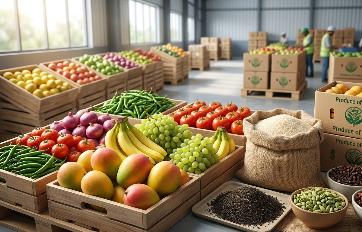 Crates of Indian mangoes, bananas, grapes, tomatoes, rice and spices packed as Produce of India for export