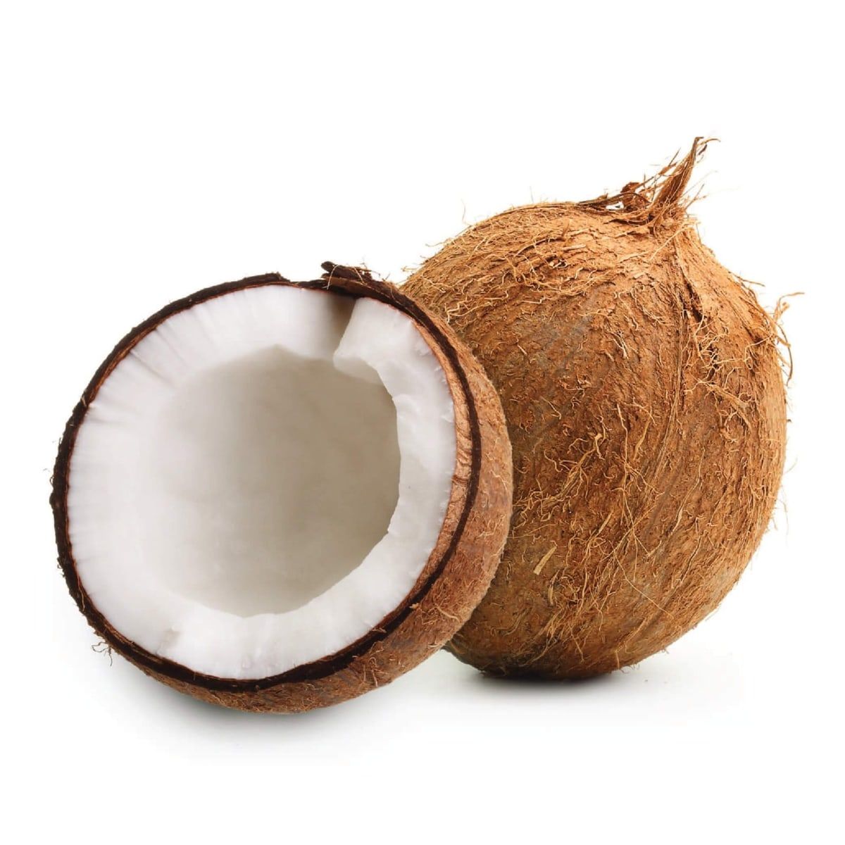 Fresh semi husk coconut with a halved coconut showing white kernel