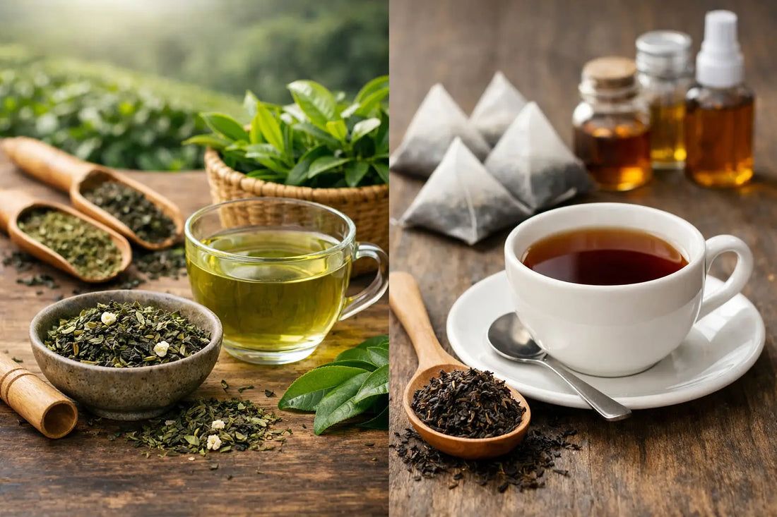 Indian loose leaf tea and a cup of black tea, ready for export